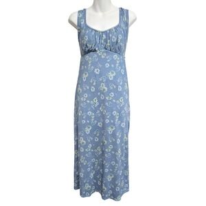 Stitch & Pine Blue Floral Mesh Maxi Dress Smocked Back Side Slit Womens Medium